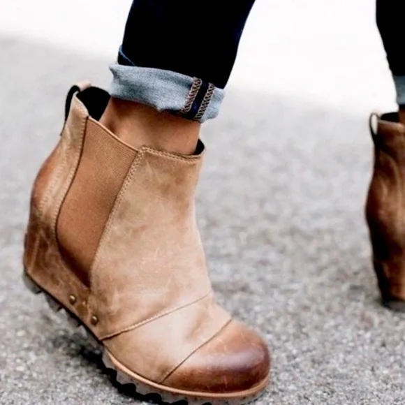 Sorel Women’s Lea Wedge Platform Booties Boots Leather  in Elk Curry Size 7 - Picture 2 of 12